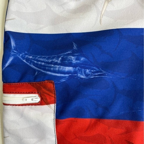 Huk Performance Fishing KC Scott Blue Marlin Board Shorts Flag Patriotic Men 30 - Picture 7 of 14